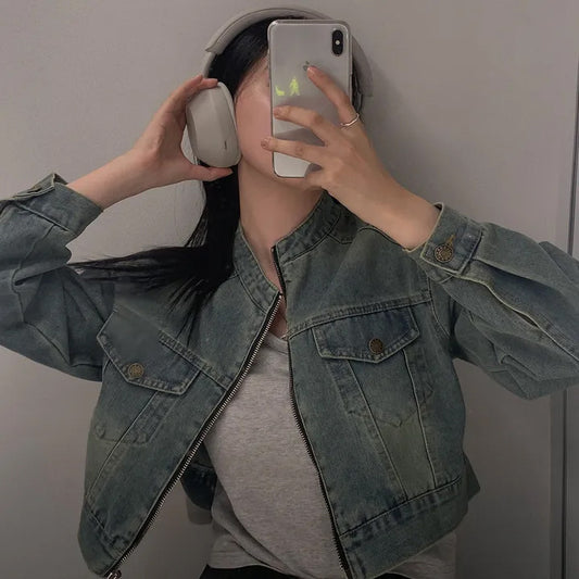 Stand Collar Double Pocket Design Loose All-matching Short Long Sleeve Denim Coat