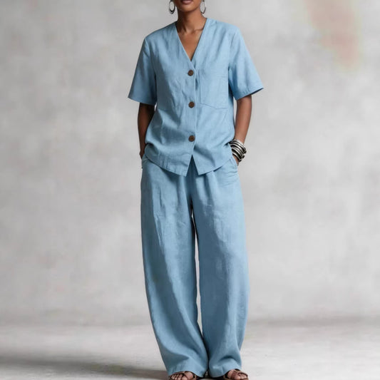 Summer Linen Solid-color Collarless Short-sleeve Top And Casual Wide-leg Pants