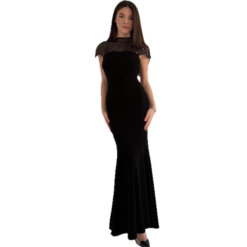 Womens Fashionable Lace-Patchwork Waist-Cinching Dress