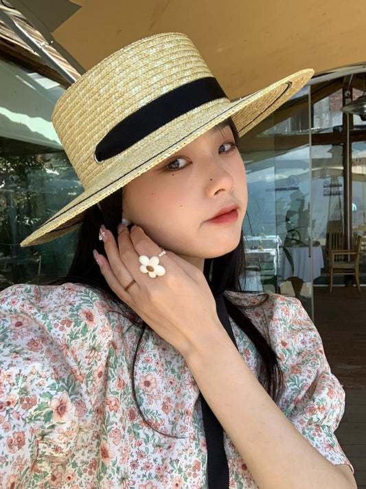 Flat Top Lace-up Straw Hat Seaside Outing