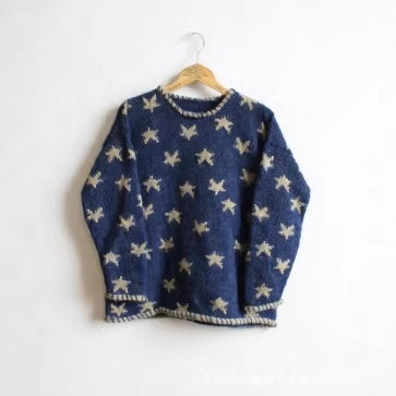 Womens Retro Star Jacquard Loose Casual Contrast-Color Sweater Top