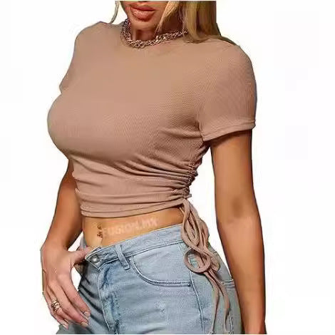 Mode Damebeklædning Sommer Crop Top Rund Hals Korte Ærmer