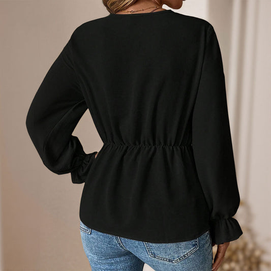 Black Tie V-neck Lantern Sleeve Long-sleeved Top