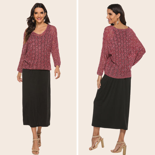 Women's Batwing Sleeve Knitwear Dress Suit