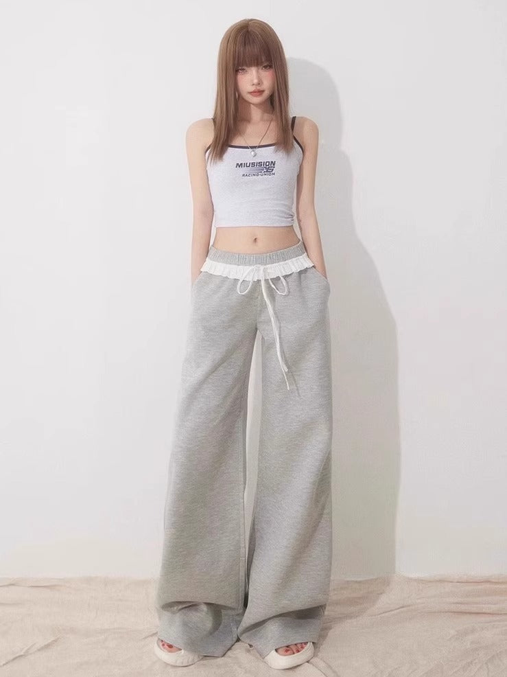 Womens High-waisted Straight-leg Pants With Lace Trim And Patchwork