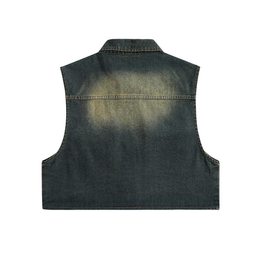 Punk Distressed Inkjet Denim Frock Vest Men's