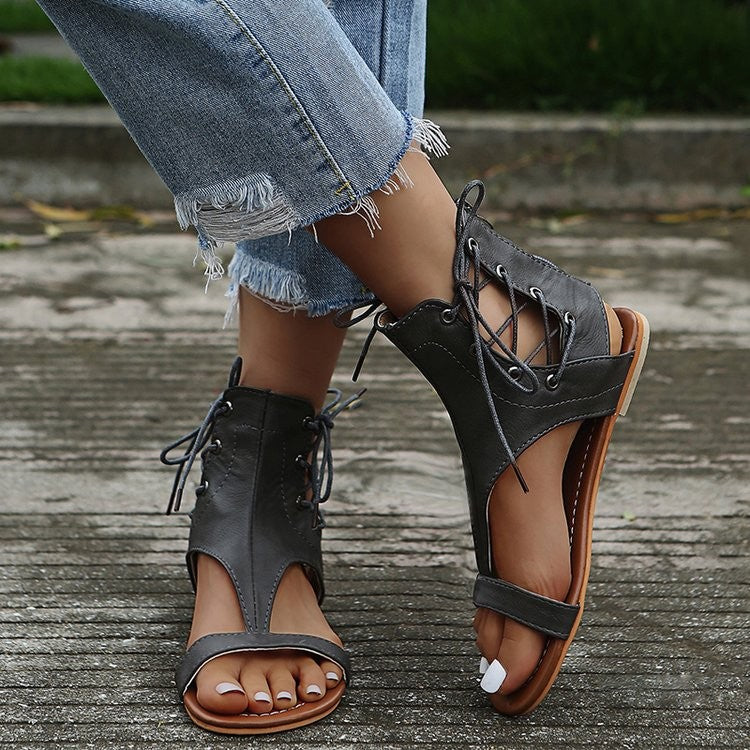 Roman Style Solid Color High-top Lace-up Back Zipper Plus Size Sandals