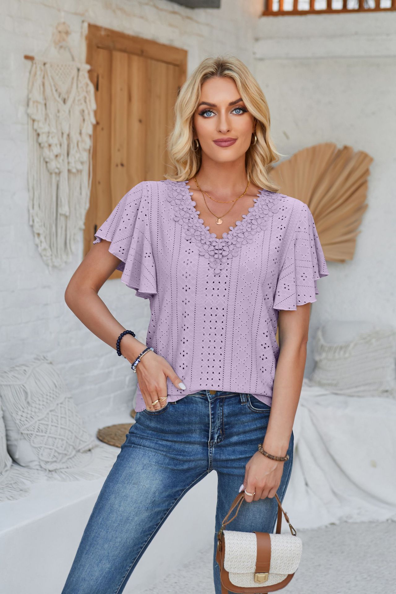 Women's Spring And Summer Lace Ruffle Sleeve Solid Color Loose Short Sleeve