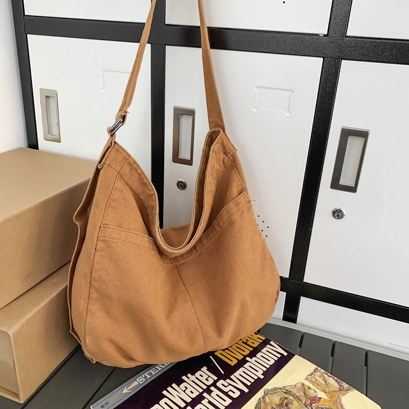 Women's Large Capacity Idle Style Artistic Simple Canvas Bag School College Students
