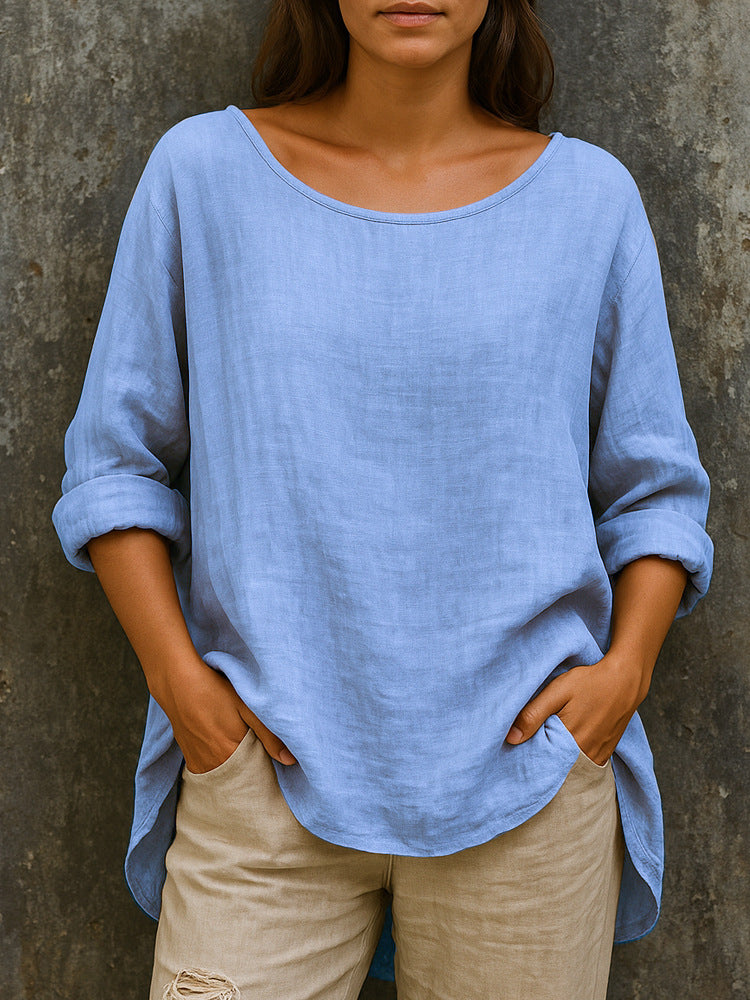 Casual Loose-fit Fashionable Cotton-linen Retro Crew-neck Plus-size T-shirt