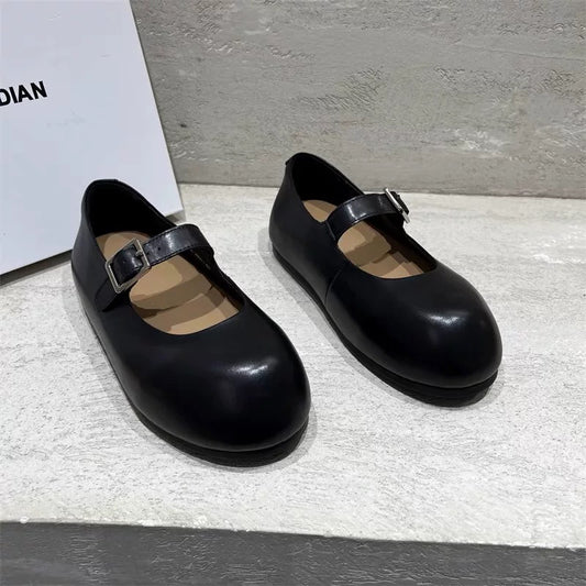 Genuine Leather Big Head Buckle Mary Jane Shoes Women
