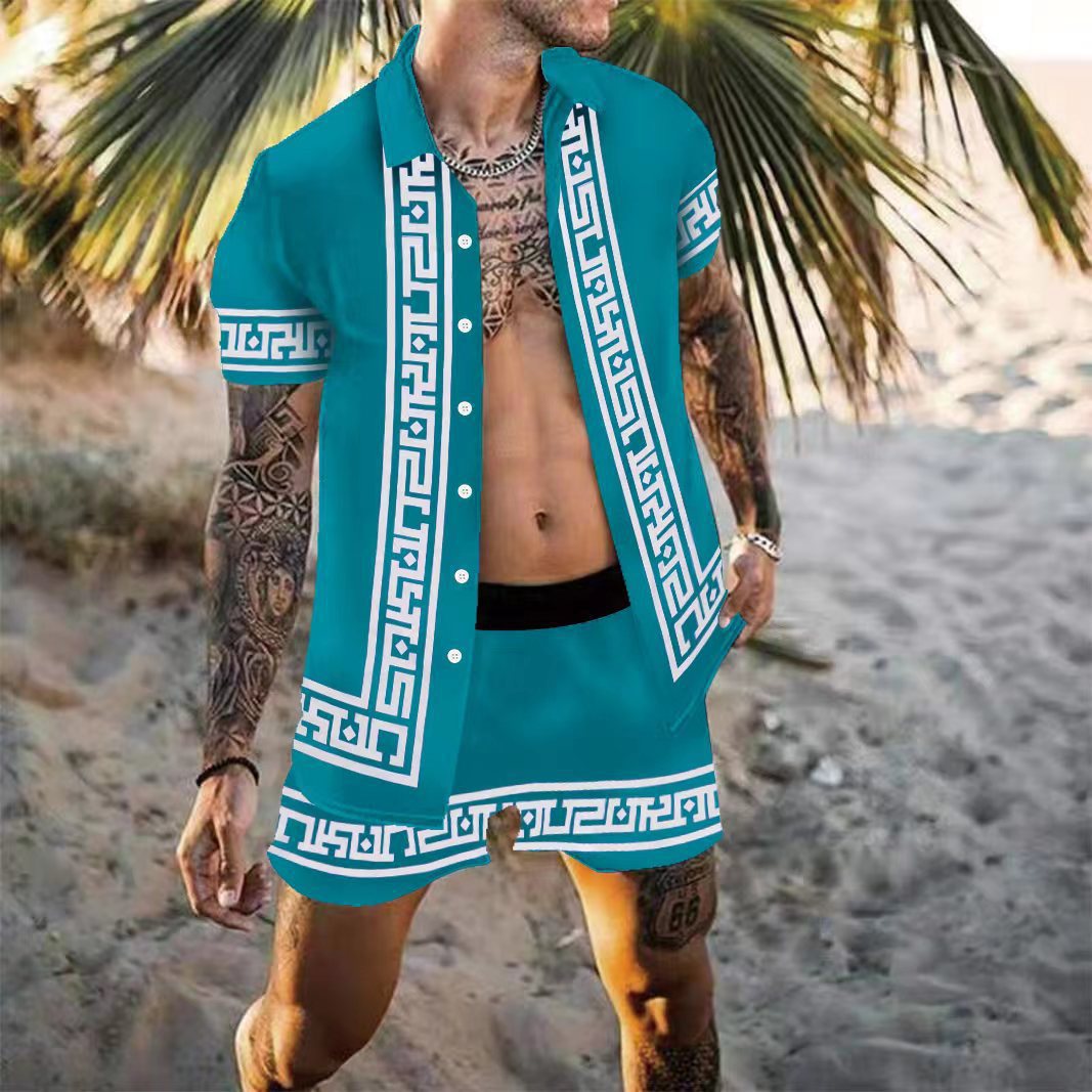 Men's Multicolor Casual Loose Printed Shirt Beach Suit