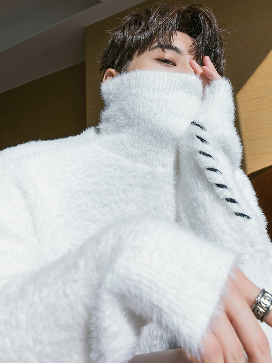 Men's Lace Design Mink Turtleneck Sweater