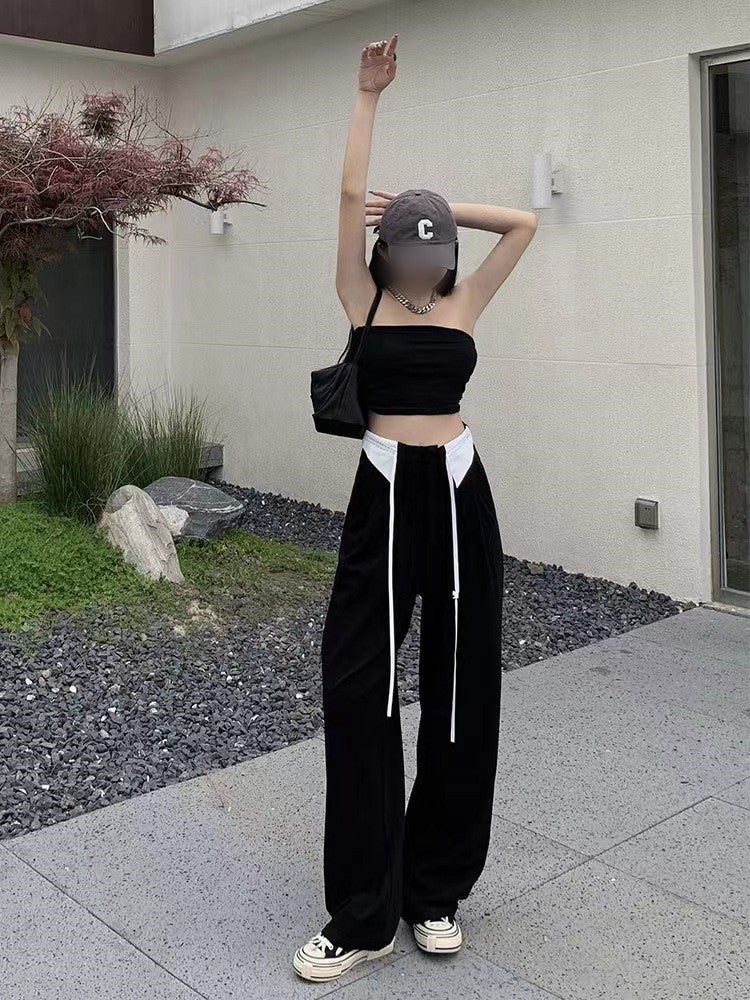 High-waist Design Cuffed Lace Up Loose Thin Sagging Wide Back Pants