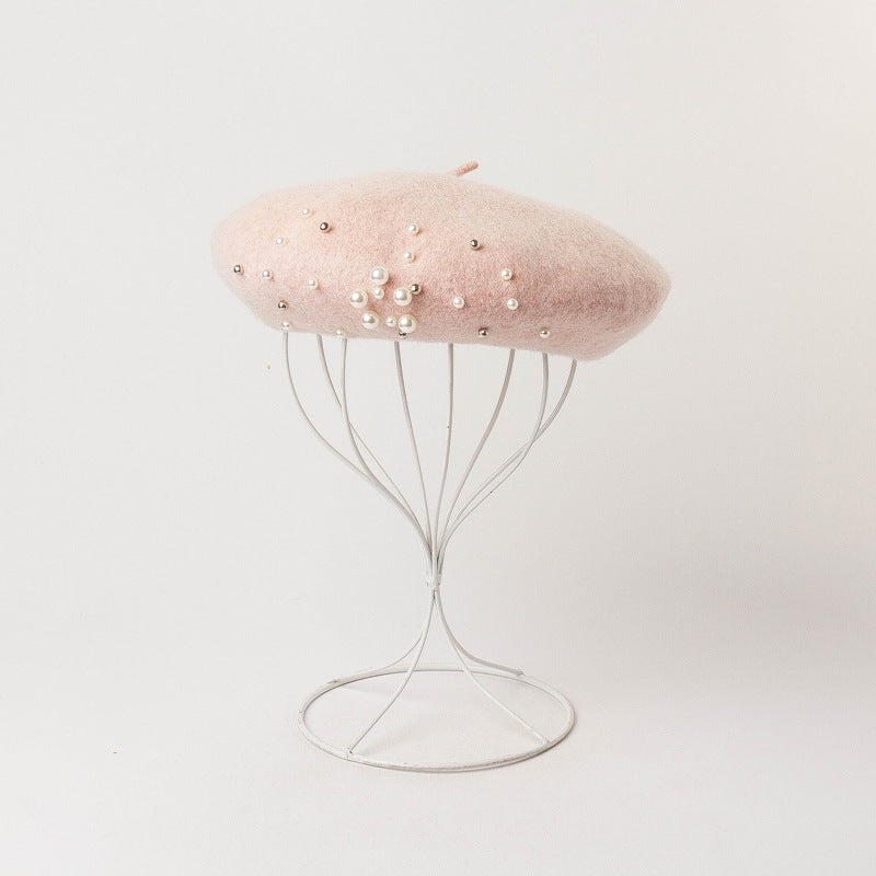 Fashion Casual Round Pearl Decorated Wool Bud Hat