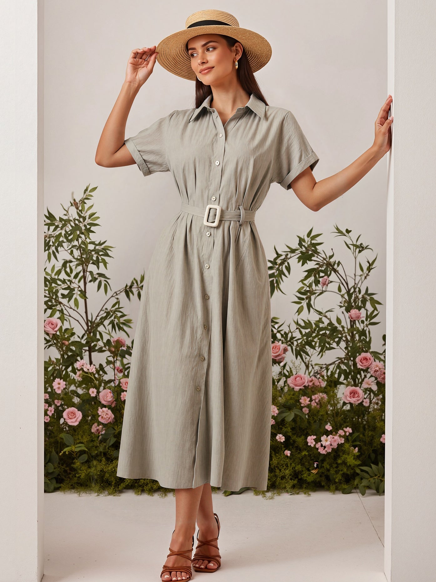 Short-Sleeve Shirt Waist-Cinched Maxi Dress