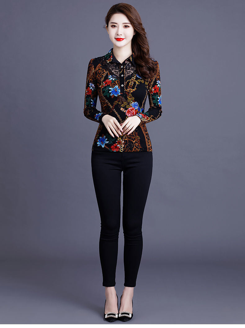 Women's Casual Lace Printed Fleece Warm T-shirt