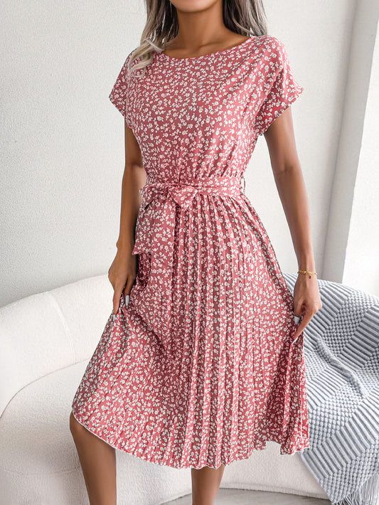 Women Casual Short Sleeve Floral Print Flowy Pleated Skirt