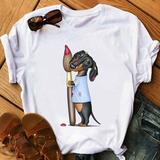 T-shirt med hundehvalpeprint til kvinder