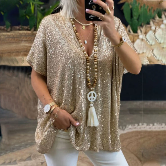 Women's Solid Color Sequin V-neck Loose Short Sleeve