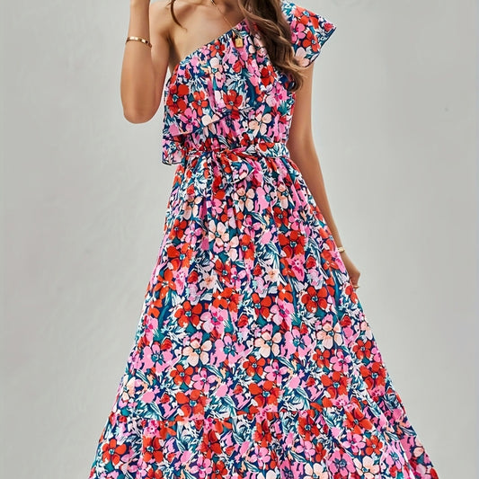 Womens Ruffle-Trimmed Strapped Off-the-Shoulder Printed Dress