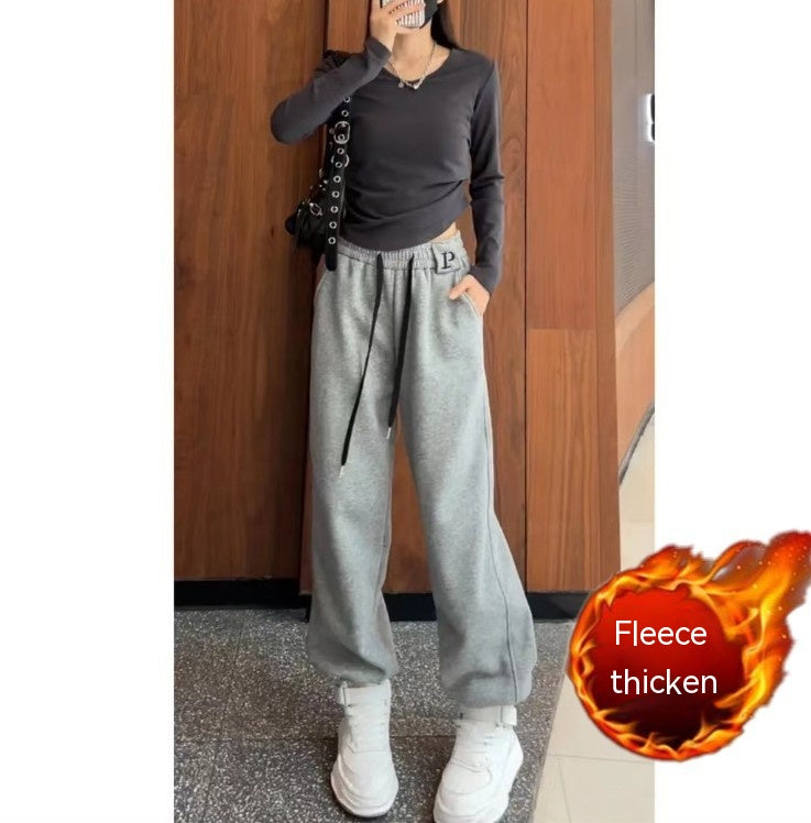 New Letter Embroidery Candy Color Fleece-lined Thick Track Pants