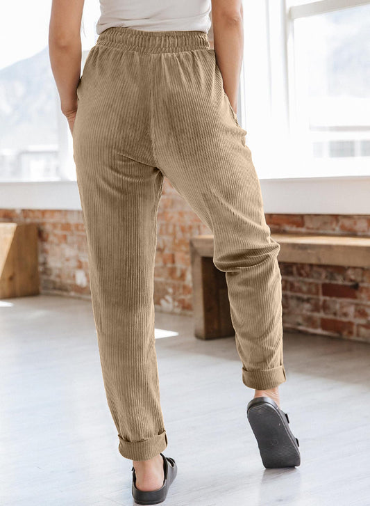 Corduroy Trousers For Women Casual Fashion Solid Color Elastic Waist Wide Leg Pants With Pockets