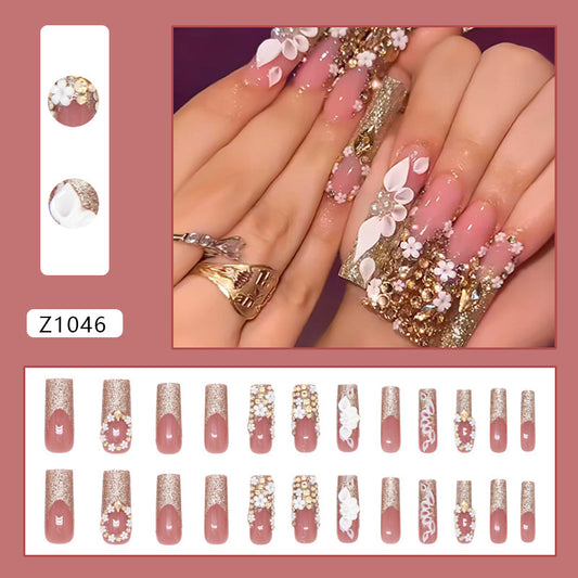 French Gold Pile Rhinestone Fake Nail Patch Detachable