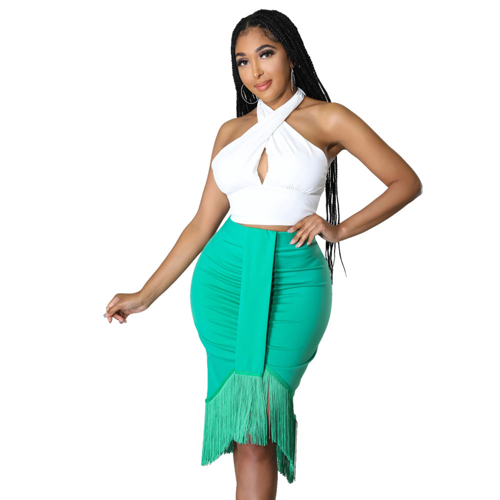 Short Top With Stylish Wrap-around Fringe Skirt Two-piece Set