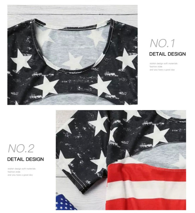 Printed Hollow Striped T-shirt Women's Simple All-match Round Neck Contrast Color Top