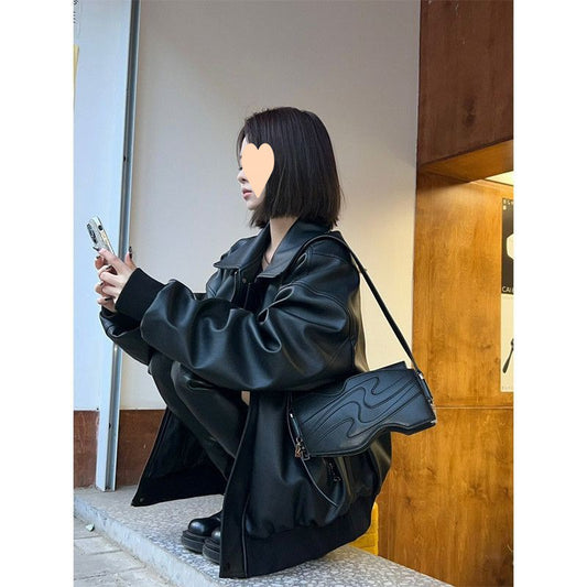 American Retro High-grade Black Leather Jacket Coat Women