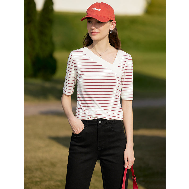 V-neck Fake Diagonal Placket Medium Sleeved T-shirt
