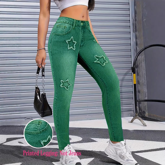 Womens Denim-Style Star Pants Bootcut Leggings