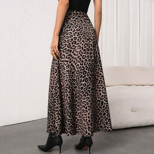 Womens Retro Leopard-Print Full A-Line Skirt