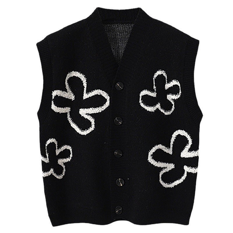 V-neck Cardigan Black Sleeveless Vest Korean Style