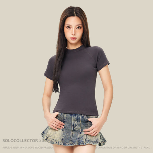 Round Neck Raglan Sleeves T-shirt Female Hot Girl Solid Color Top American Style