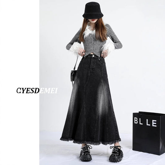 Black Denim Skirt Women's Irregular Mid-length A- Line Version Burrs Slimming