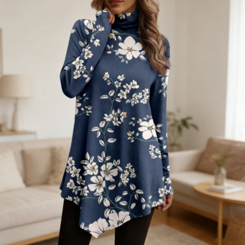 Navy Blue Background White Floral Print Turtleneck Loose Top