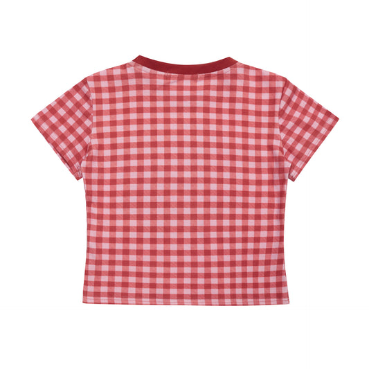 Women's Retro Red Plaid Off-Shoulder Short Sleeve Top With Cherry Print