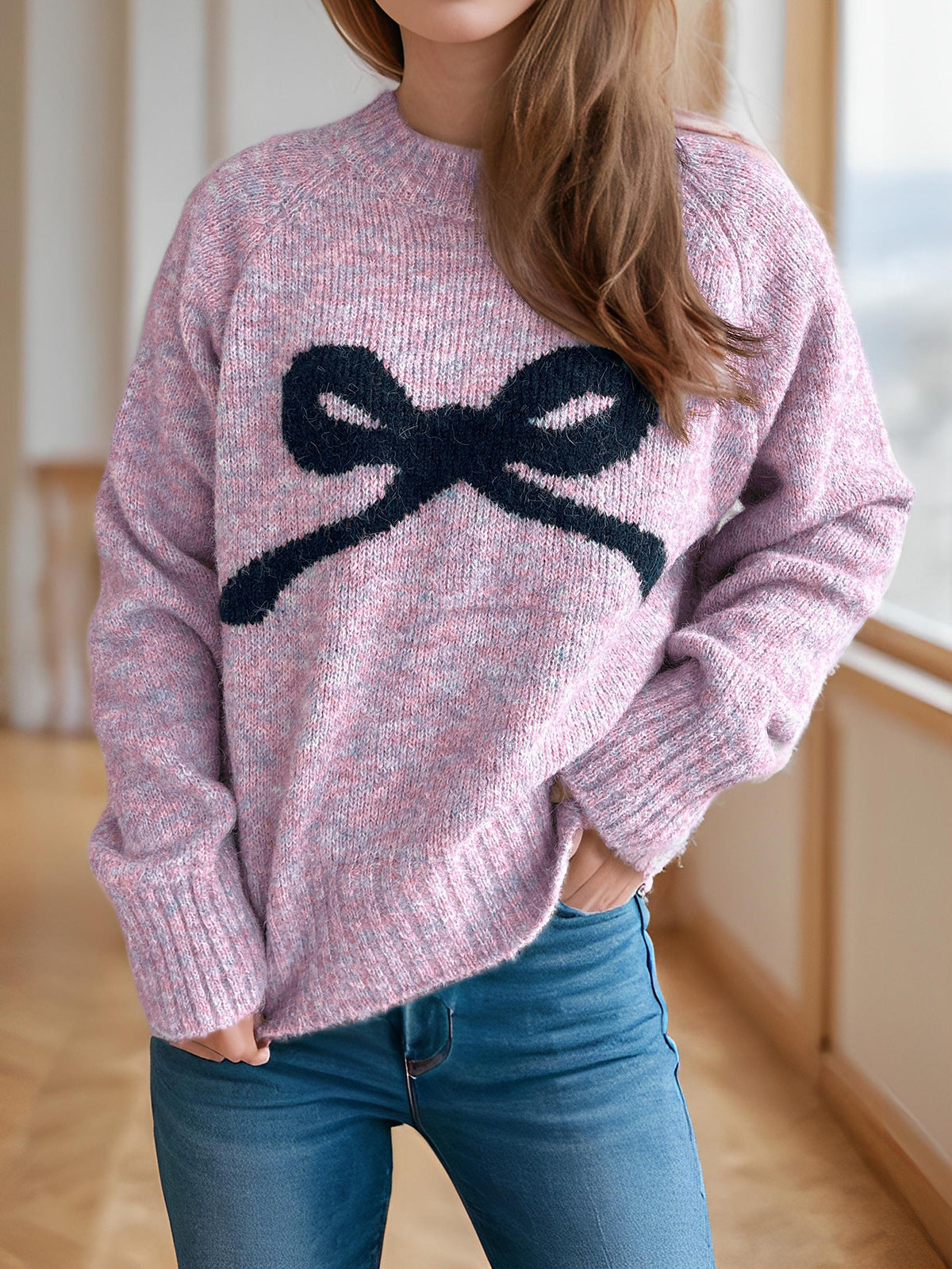 Women's RoundNeck Knitted Sweater With Bow Tie Outerwear Top
