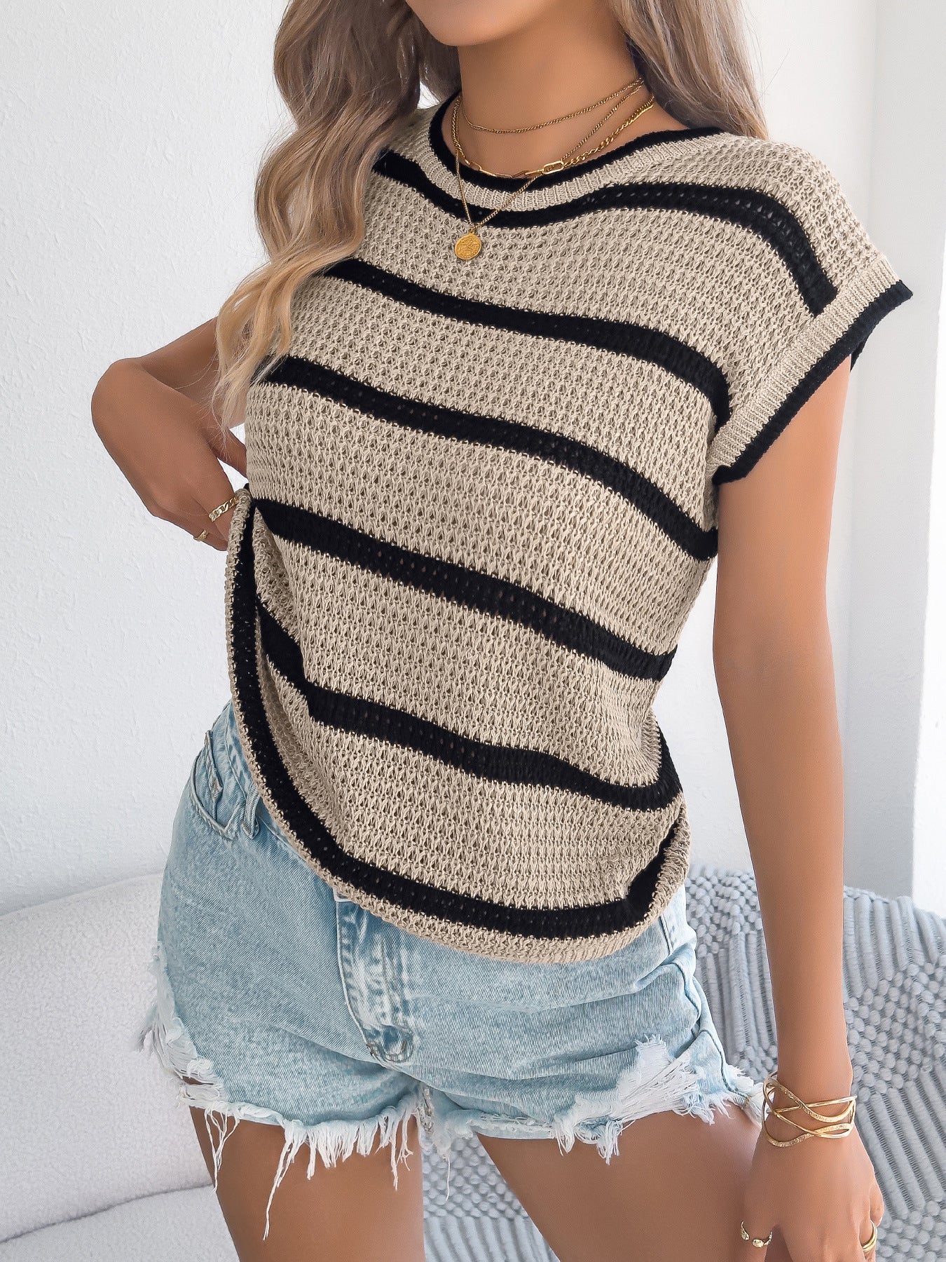 Color-block Striped Casual Loose Knit Sweater For Women