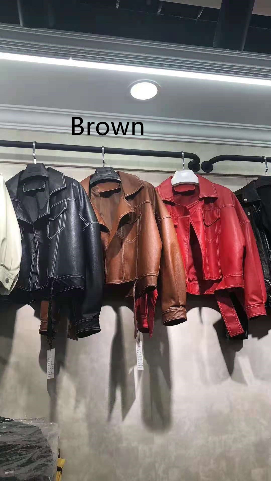 Black And White Line Lapel Women's PU Leather Jacket