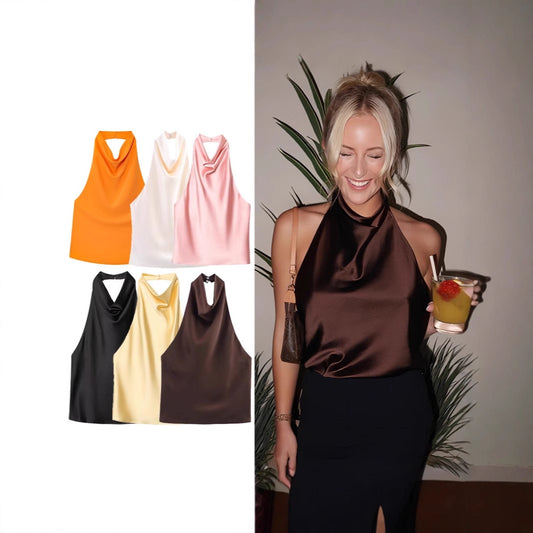 Womens Silk Satin Elegant Halterneck Tank Top