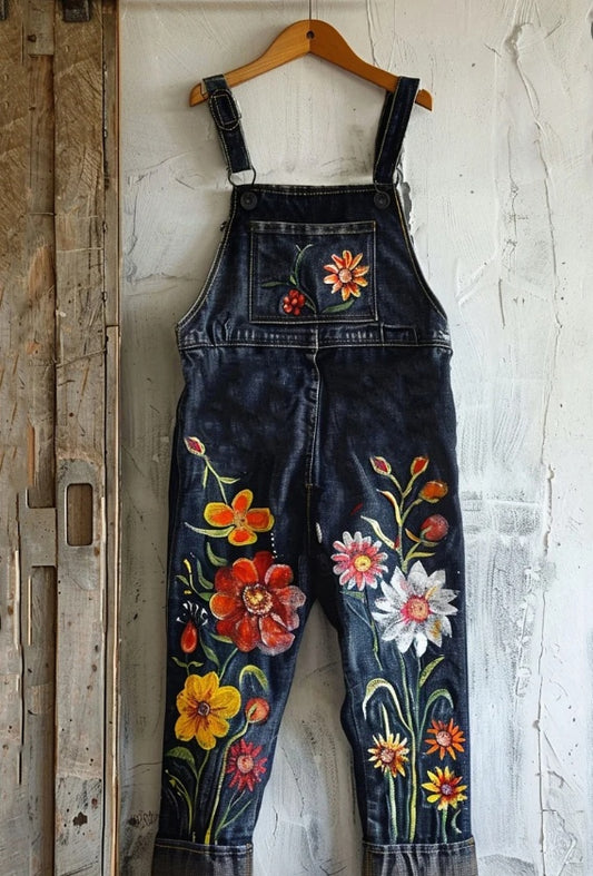 Art Oil Painting Plant Floral Print Jeans Jumpsuit