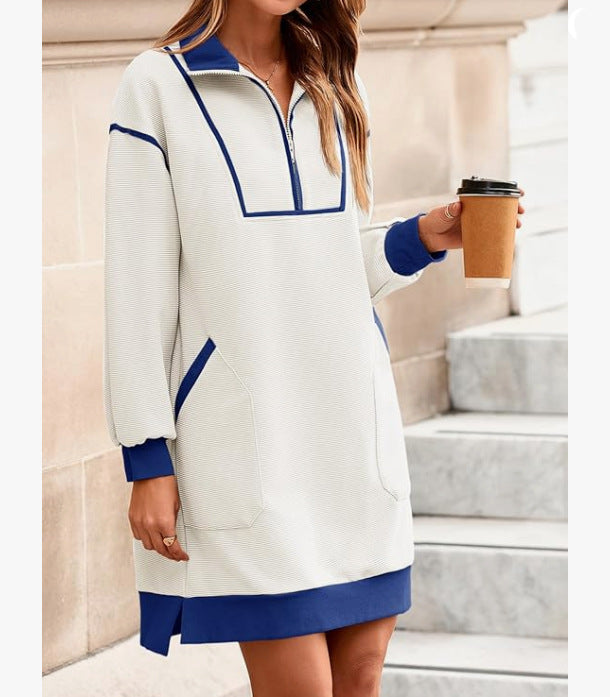 Sports Style Half Zip V Neck Long Sleeve Color Block Loose Dress