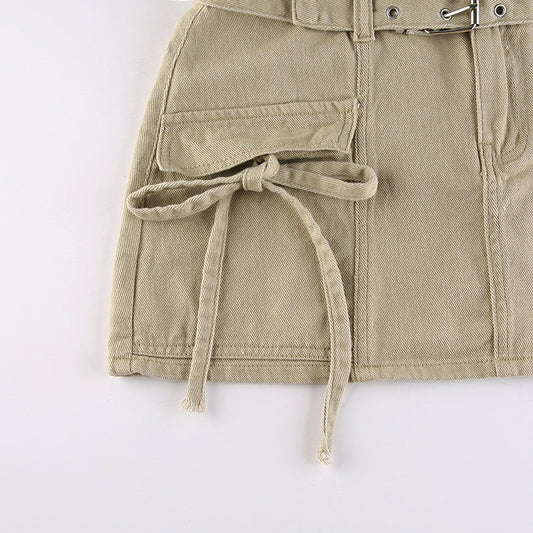 Low-rise Belted Denim Casual Skirt With Lace-up Pockets