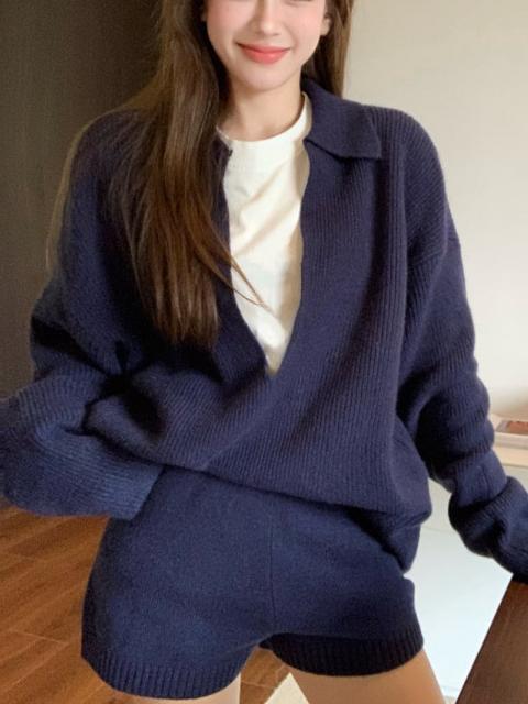 Dame V-hals Sweater Sæt Løs Sweater Shorts