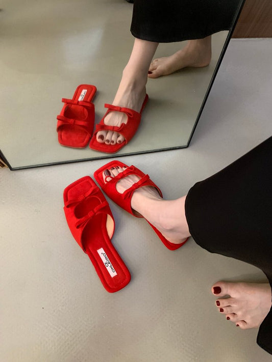 Women's Korean Style Bow Hollow Flat Slide Sandals, New 2026 Summer Design, French Square Toe Beach One-Strap Slides For Outdoor Wear