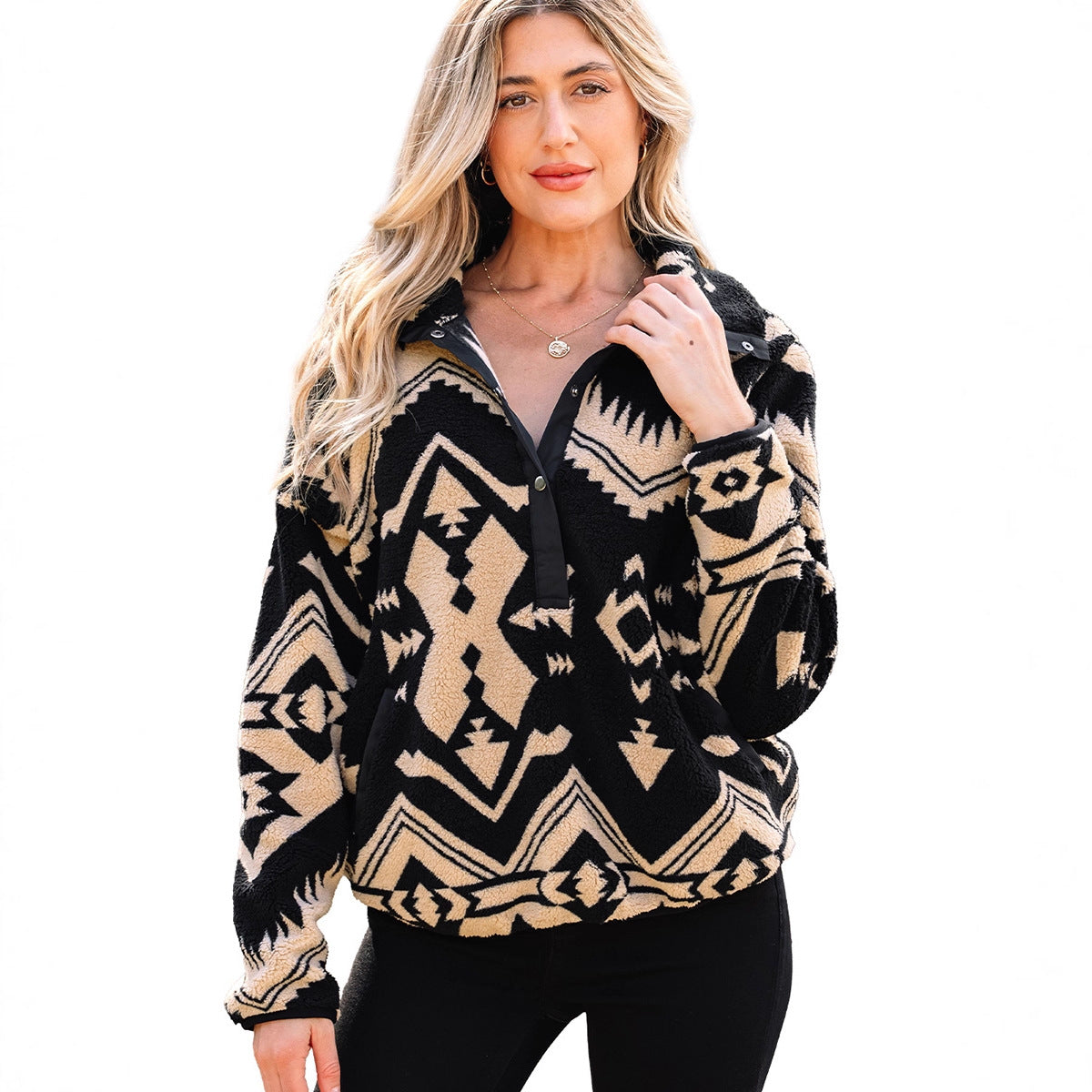 Beige Western Aztec Half Zip Plush Sweatshirt