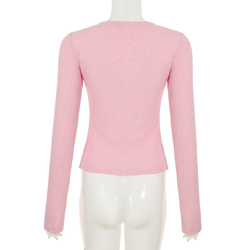 Lace Bow Color Contrast Patchwork Fake Two-piece Long-sleeved Top